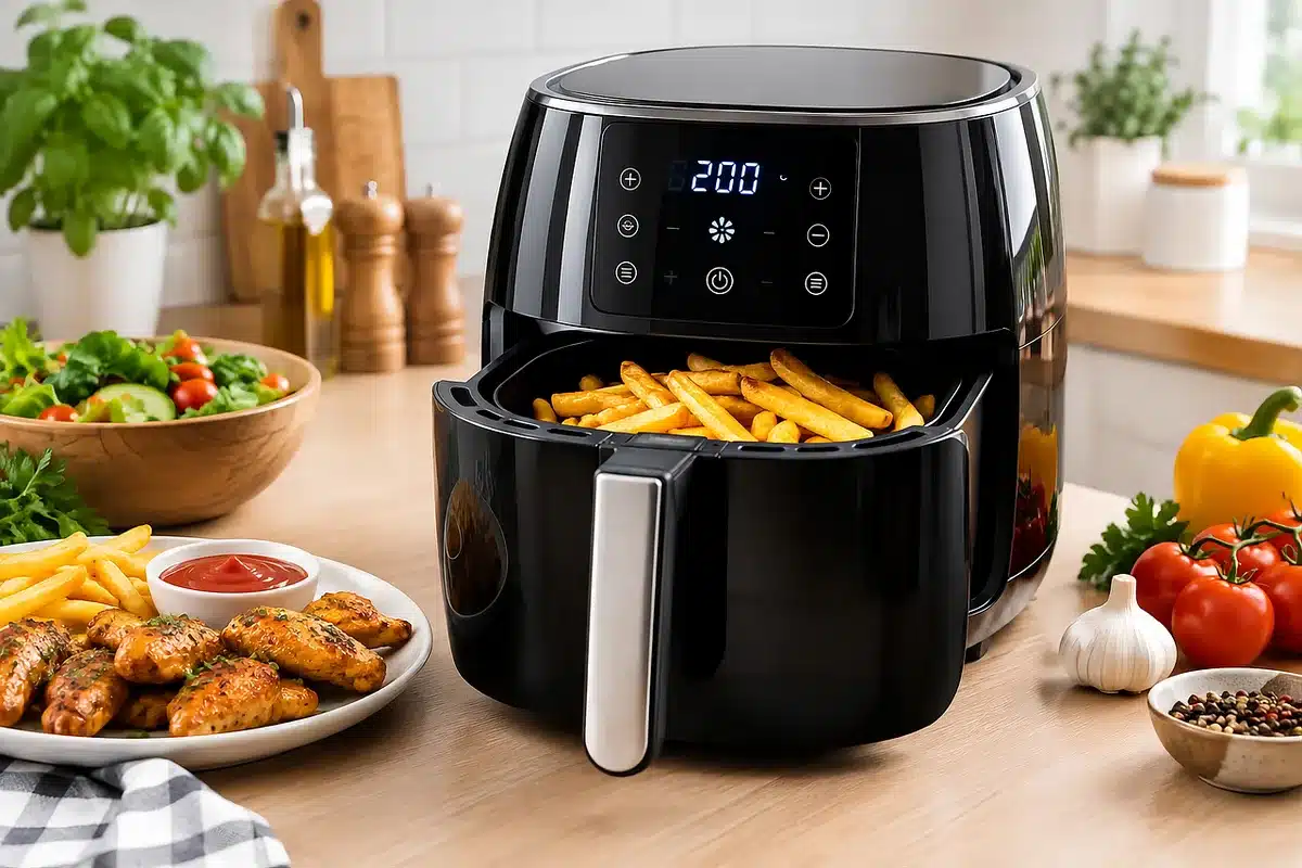Gros plan sur deux compartiments d'une friteuse sans huile et ses boutons indépendants